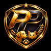 Gold and black logo with a dog and cat design on a black background